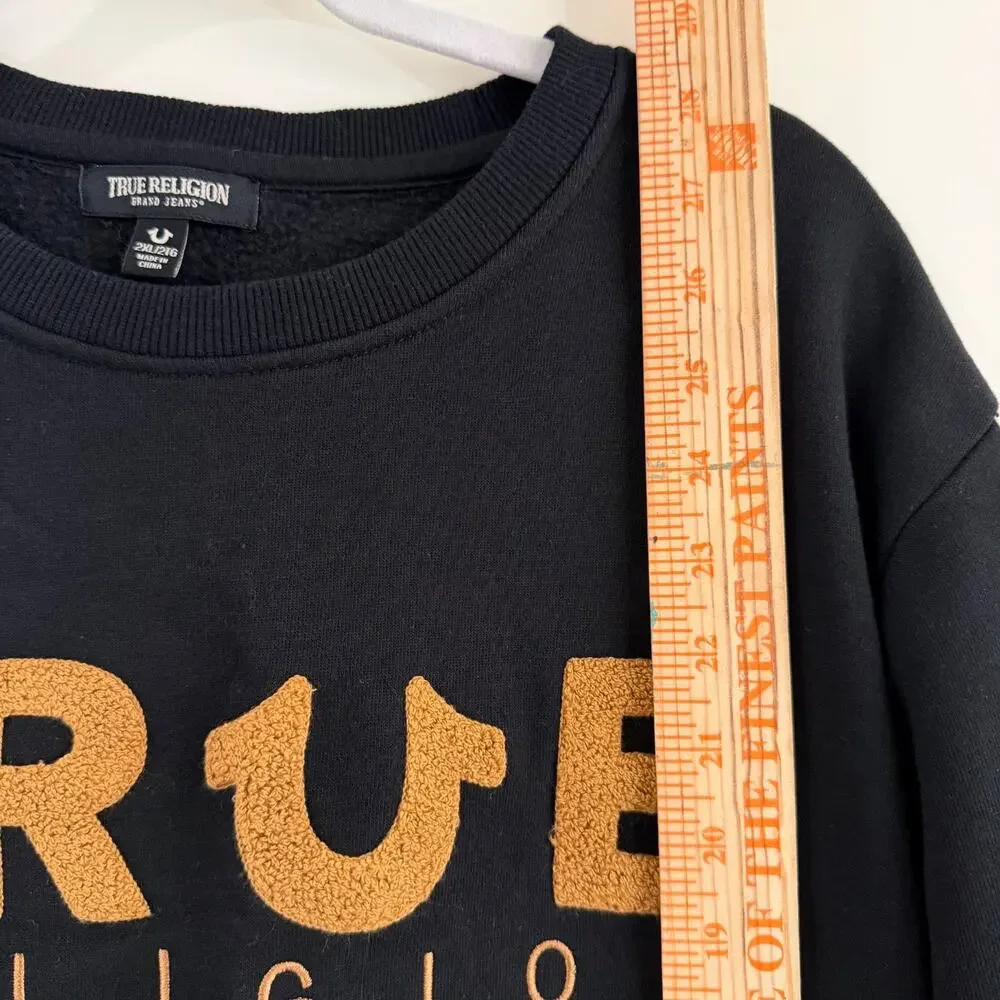 True Religion Black Chenille Logo Striped Hem Sweatshirt (Size 2XL - Runs Small)